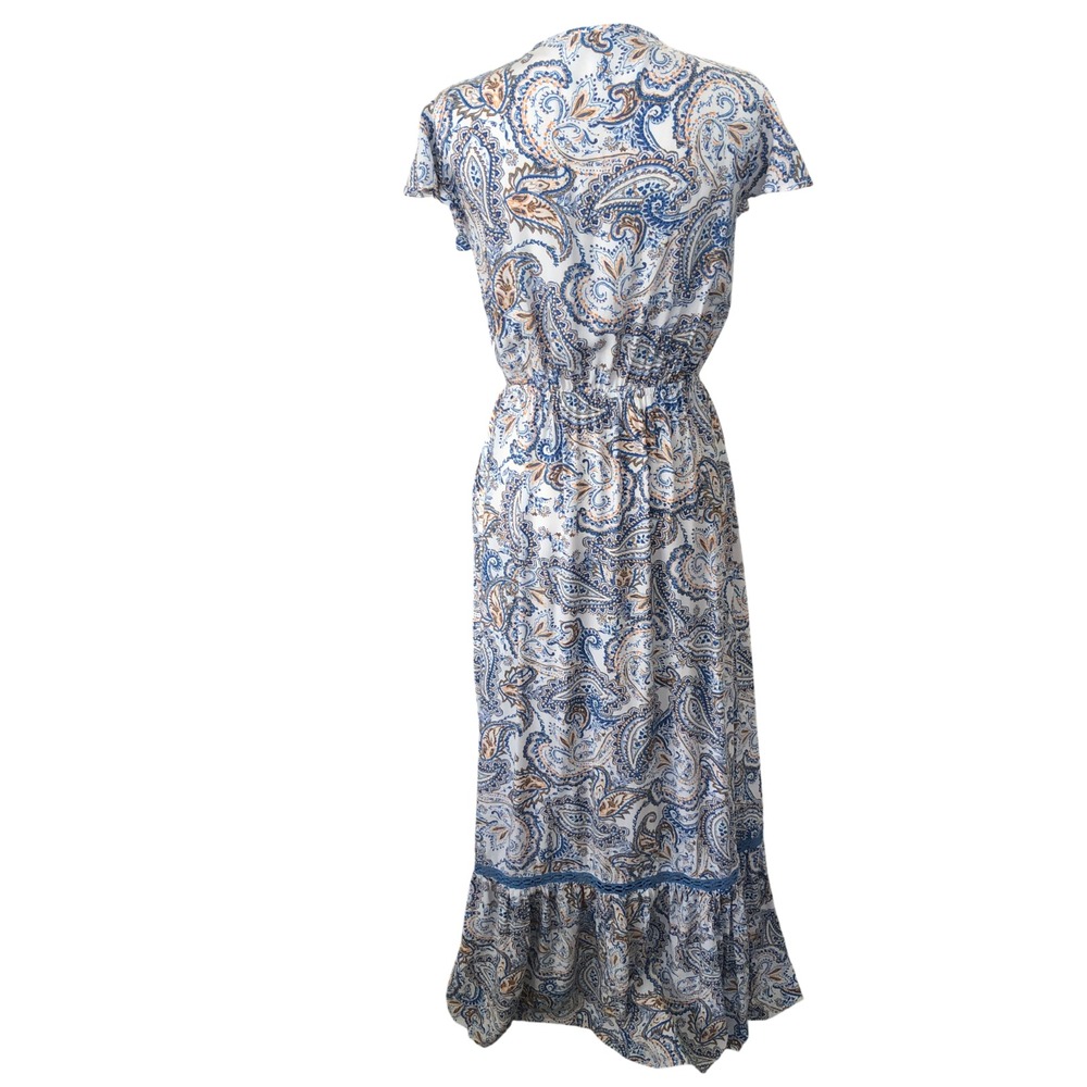 Women's Beyond The Radar Blue Paisley Cap Sleeve Hi-Low Ruffle Boho Maxi Dress L - Picture 11 of 16